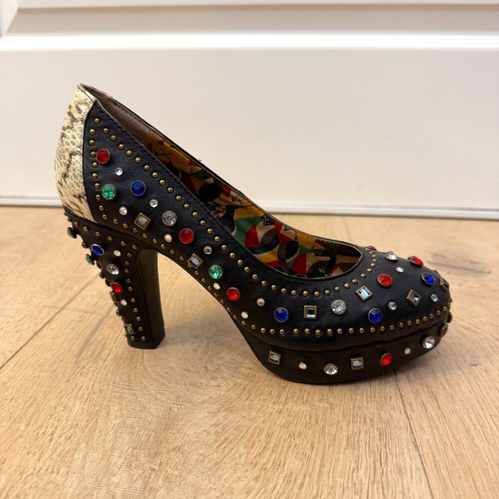 Rare Vintage Miss L-Fire Showgirl Black Multicolor Stone Heels